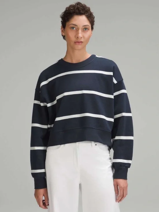 lululemon athletica True Navy and Antique White Striped Cropped Crew Sweater - Picture 1 of 8
